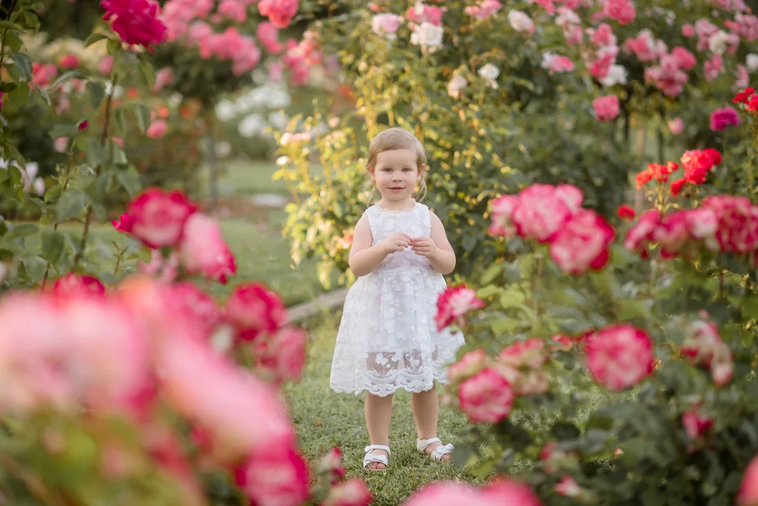Girl in a light dress framed by pink roses